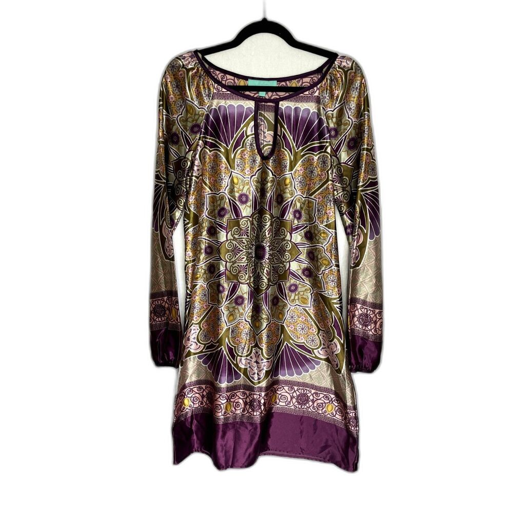 Long Sleeve Silk Print Shift Dress Multicolor Size L - Picture 2 of 4
